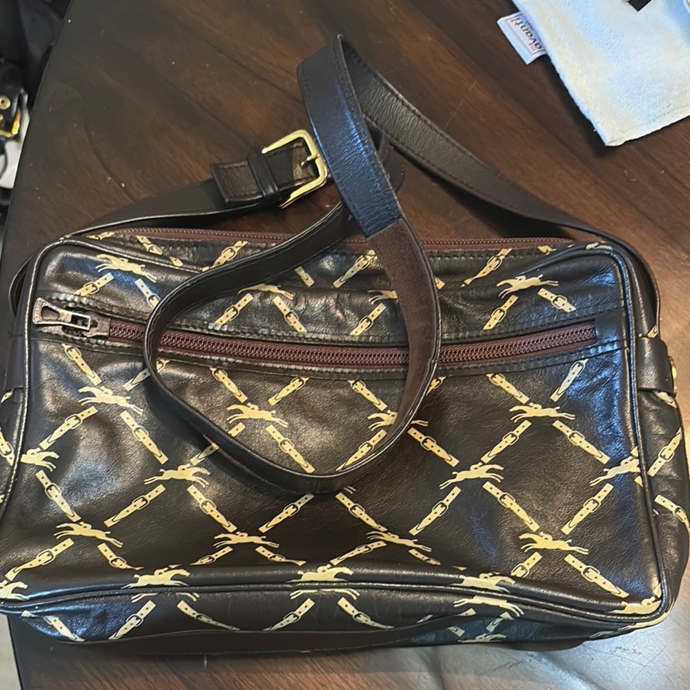 Longchamp Leather Quilted logo Equestrian print, inside/outside pockets belt bag